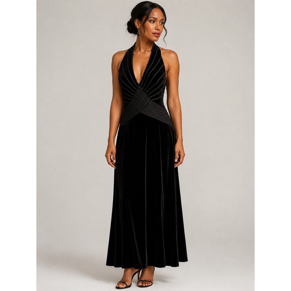 Joseph Ribkoff Velvet Halter Gown Dress Women 10 Black Formal Evening Gala
